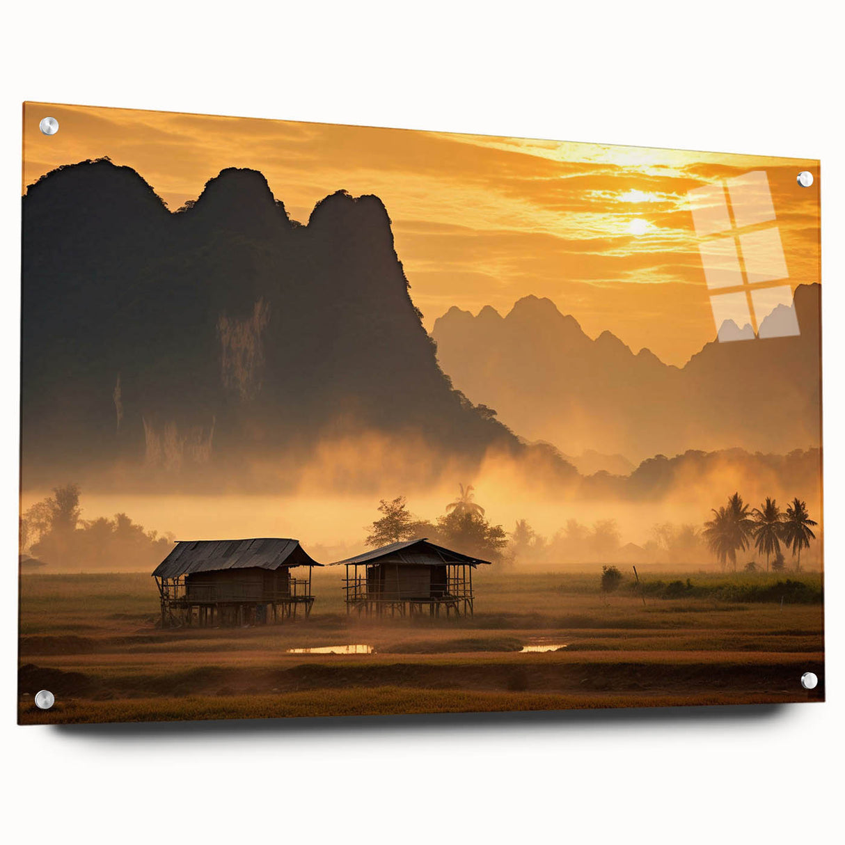 Large abstract wall art depicting a serene Laos landscape in muted earth tones on acrylic glass.