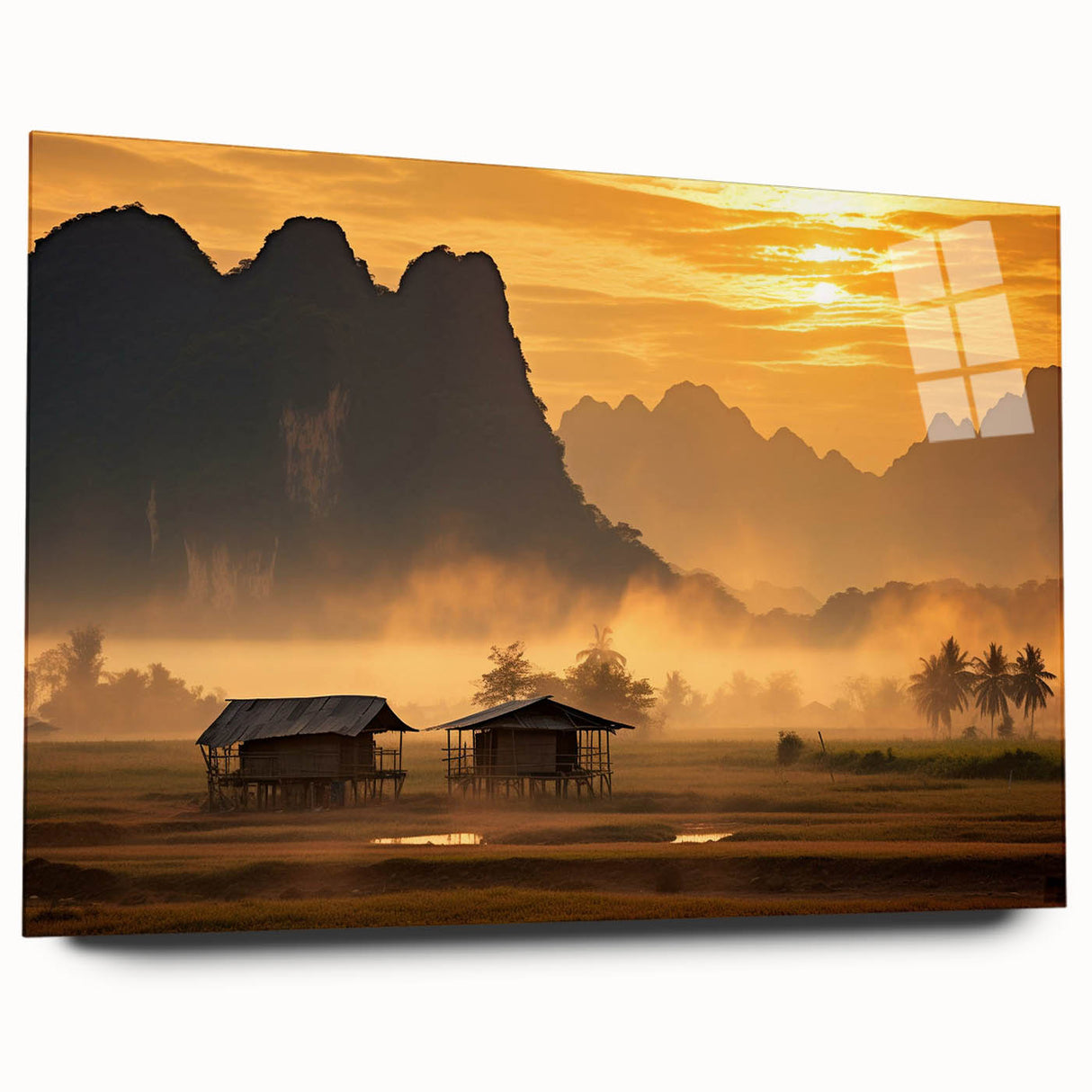 Large abstract wall art of a Laos scenery in muted earth tones on acrylic glass, ideal for bedroom or dining room decor.