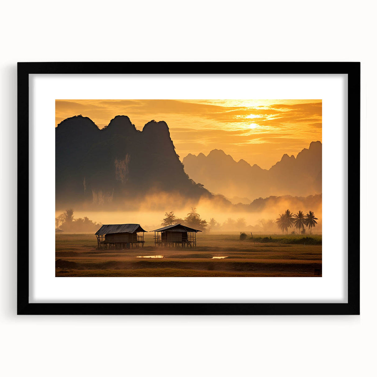 Colorful abstract art print of a Laos scenery in vibrant hues, framed with a black mat, ideal for living room decor.