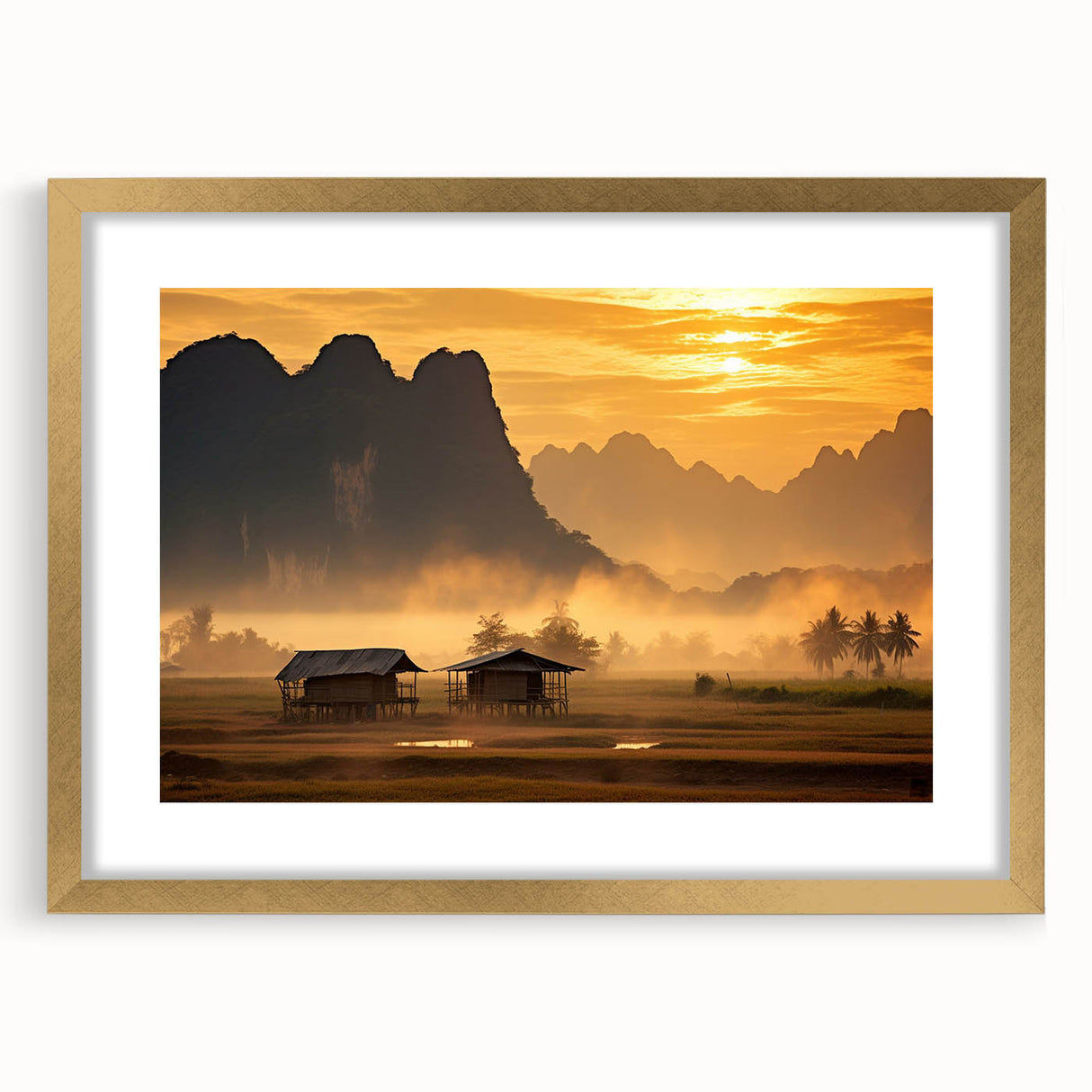 Extra large abstract art print of a textured Laos scenery in muted earth tones on a framed canvas.