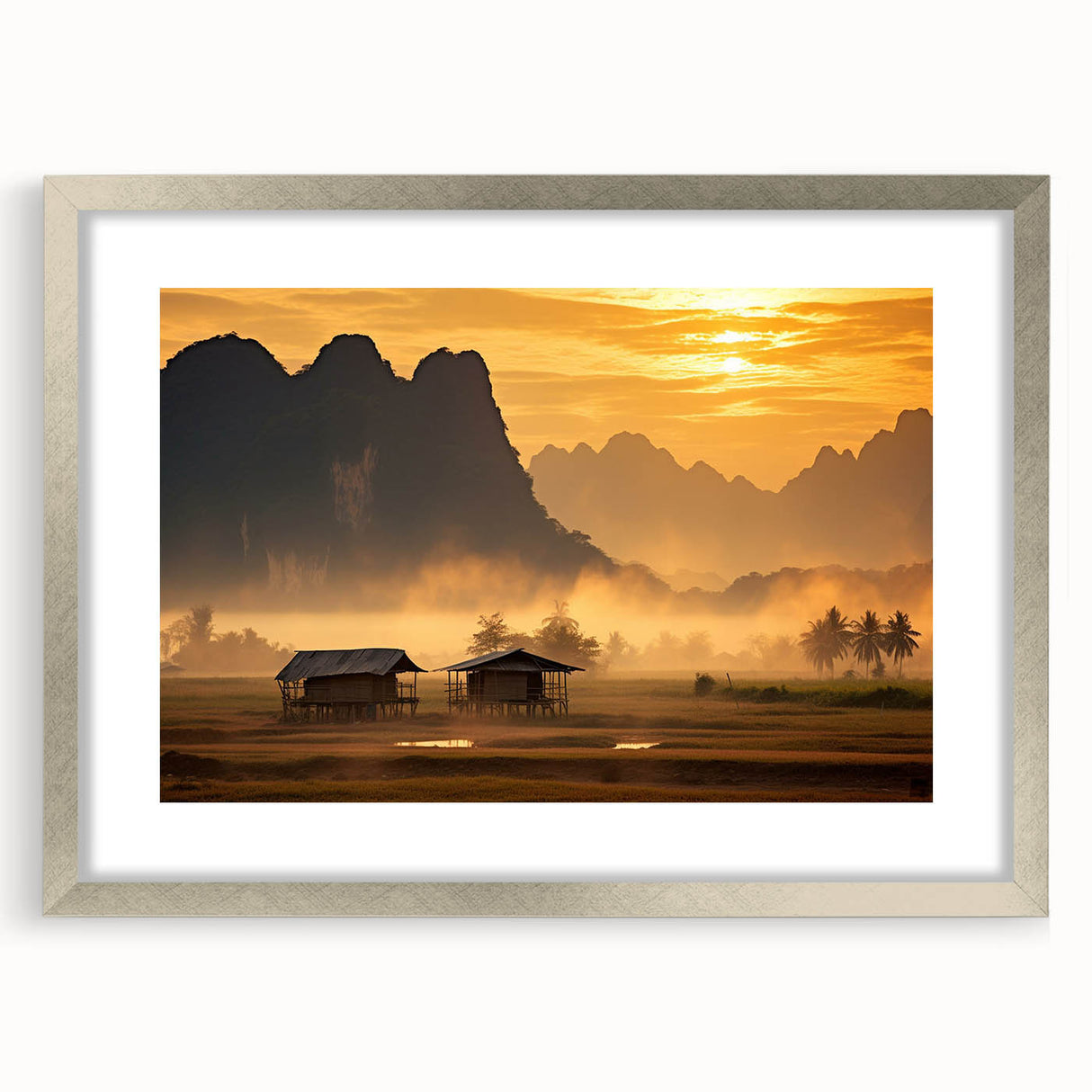 Textured abstract art print of a Laotian landscape in muted earth tones, framed in silver, suitable for bedroom decor.