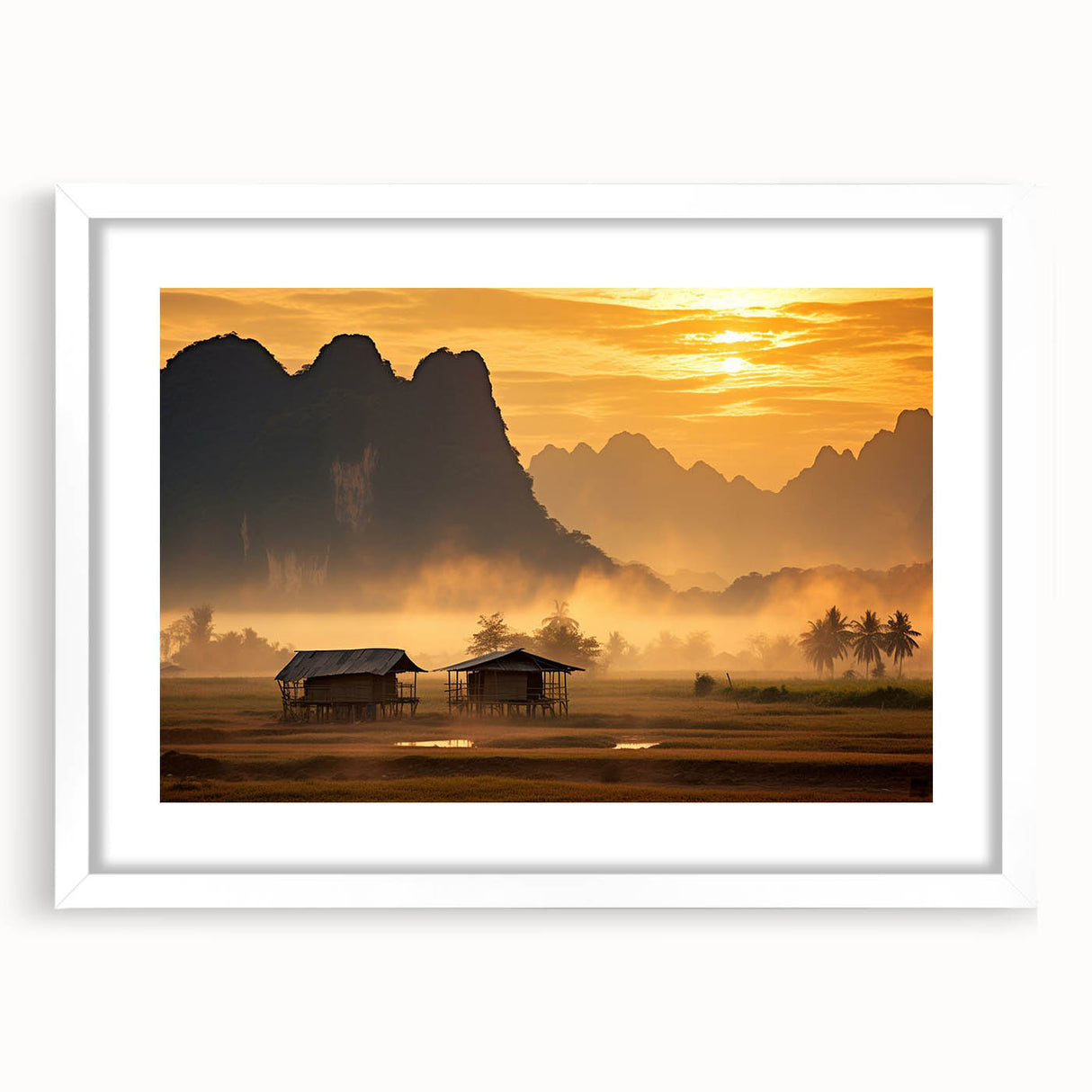 Abstract art print of Laos scenery in muted earth tones, framed with a white mat, suitable for dining room decor.