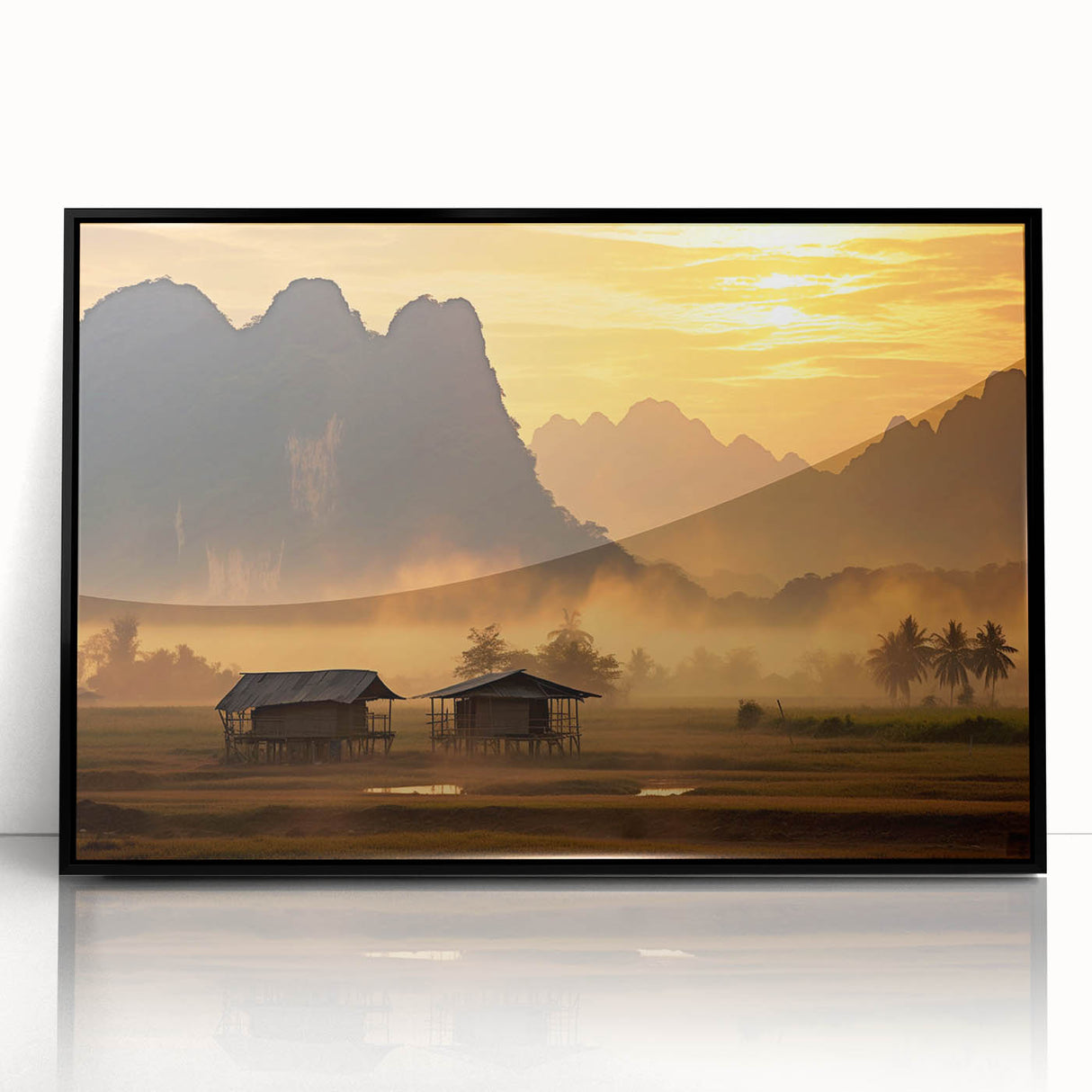 Large abstract wall art depicting a serene Laos landscape in muted earth tones, framed in black acrylic.