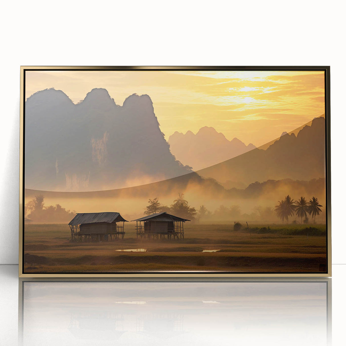 Large art print of a Laos scenery in muted gold tones on framed acrylic, ideal for modern art wall decor.