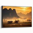 Black and white framed canvas featuring a vintage-style landscape painting of Laos, ideal for bedroom decor.