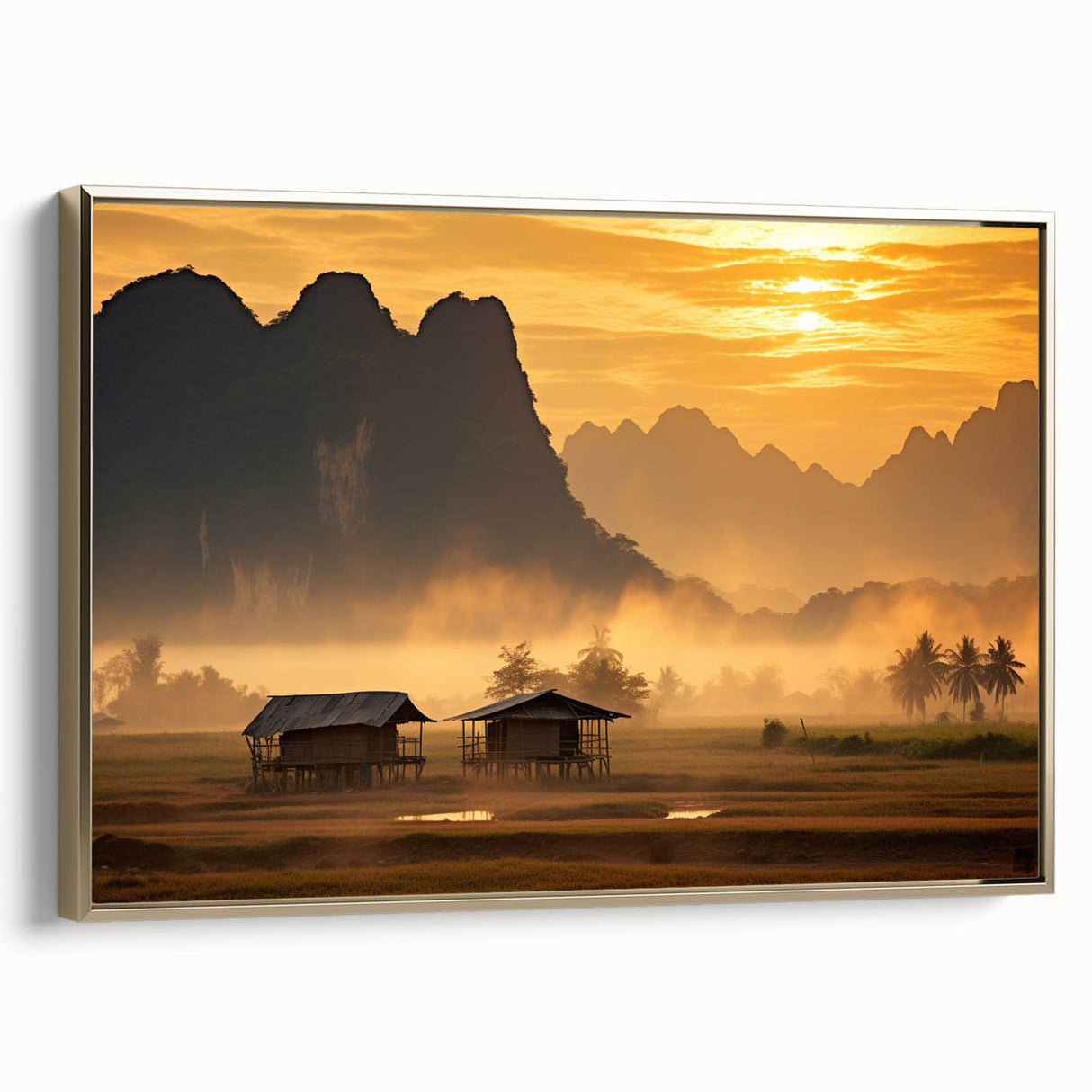 Framed canvas featuring a vintage-style Laos landscape in muted gold and black tones, ideal for bedroom decor.
