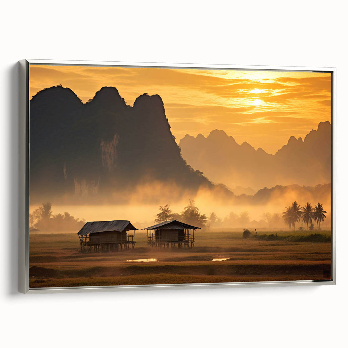 Landscape art painting featuring a scenic view of Laos on framed canvas.