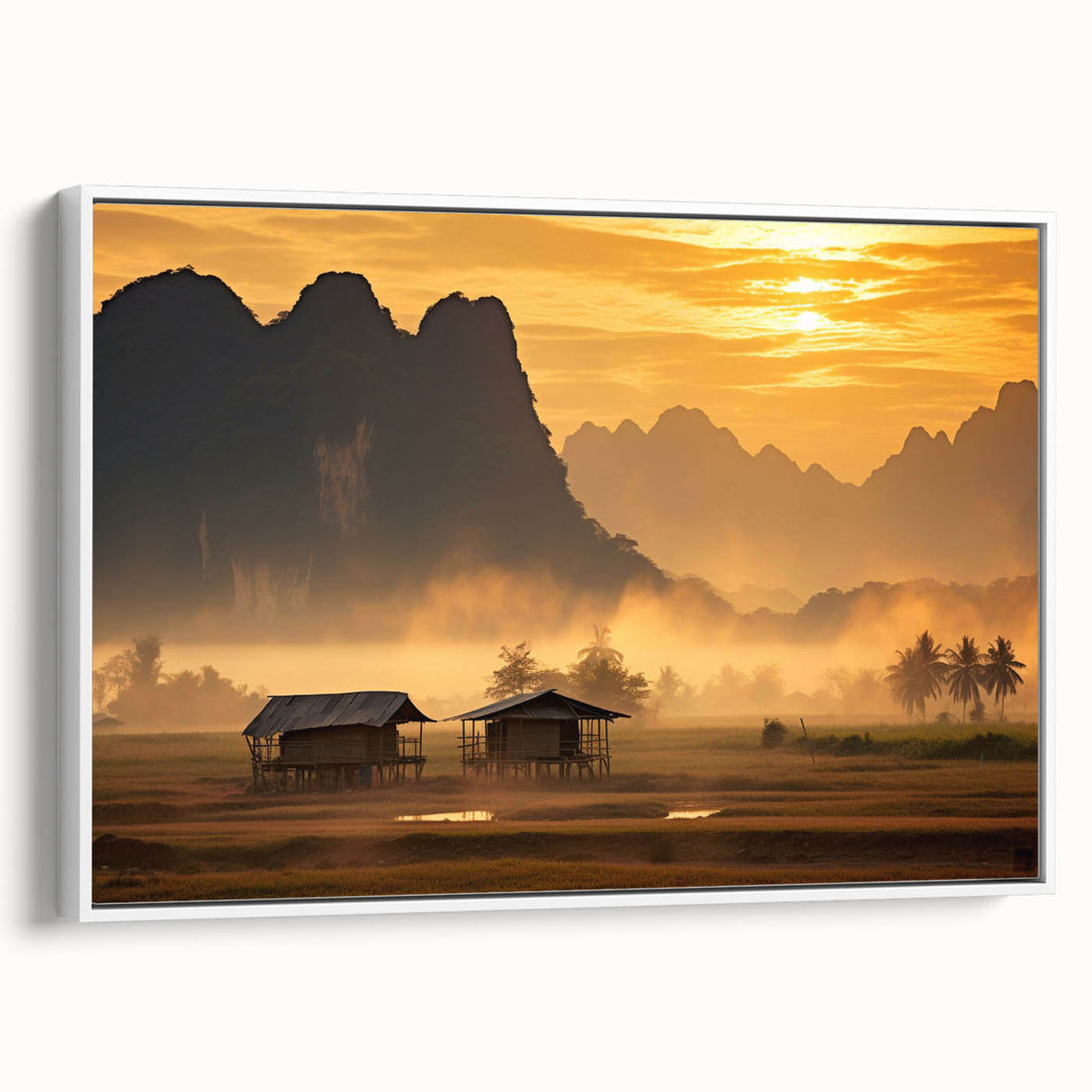 Vintage poster art of a Laos scenery in colorful hues on extra large framed canvas, suitable for living room decor.