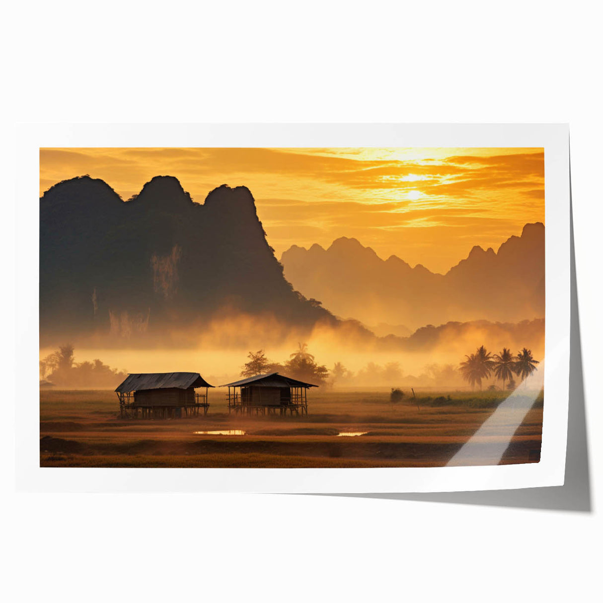 Extra large rolled print of a Laos scenery, featuring lush greenery and floral elements, ideal for dining room wall art.