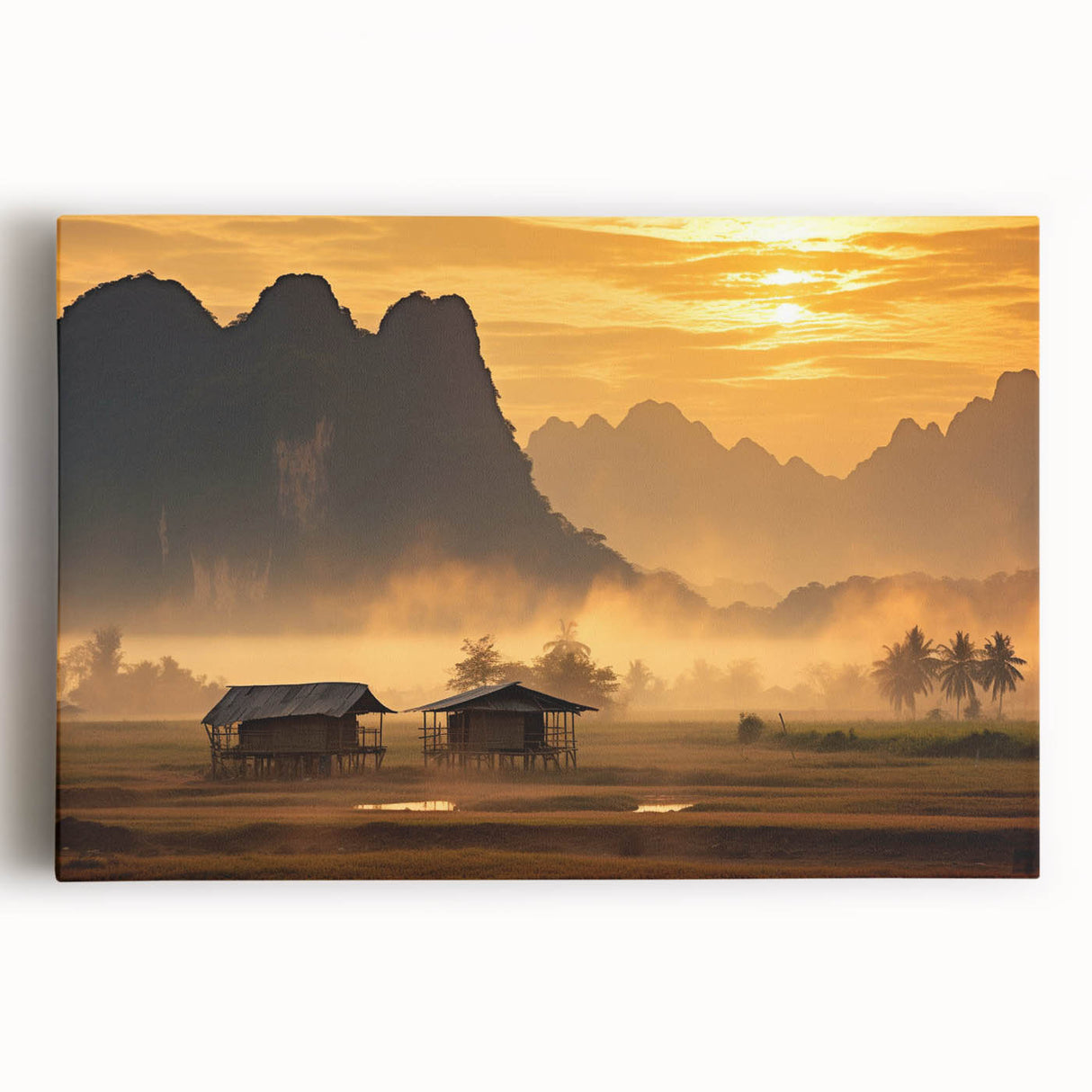 Black and white photograph of a Laotian landscape on stretched canvas, ideal for kitchen wall art.