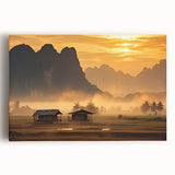 Black and white photograph of a Laotian landscape on stretched canvas, ideal for kitchen wall art.