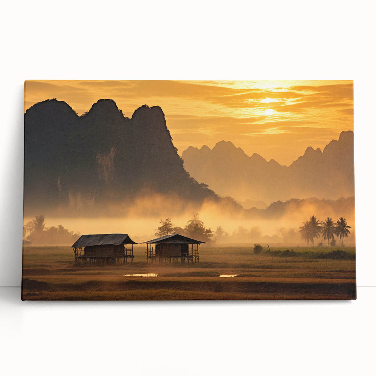 Black and white photograph of a scenic Laos landscape on large stretched canvas, ideal for kitchen wall art.