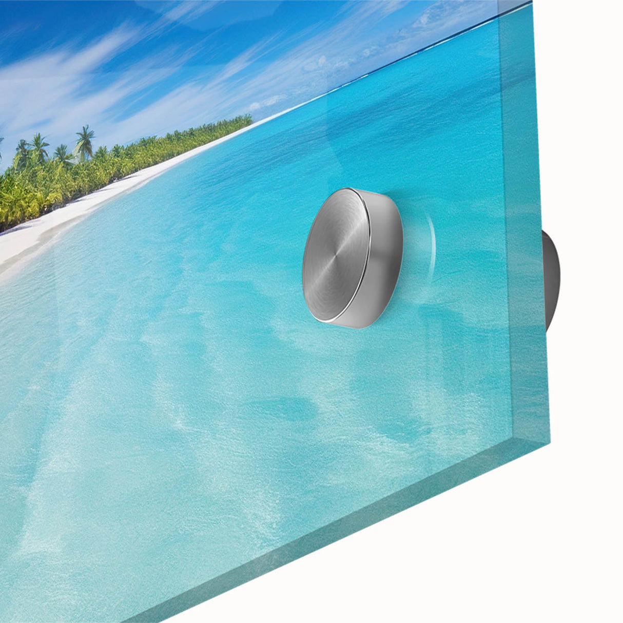 Large abstract wall art depicting the Maldives with vibrant blues and greens on acrylic glass, ideal for dining room art.