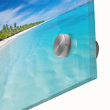 Large abstract wall art depicting the Maldives with vibrant blues and greens on acrylic glass, ideal for dining room art.