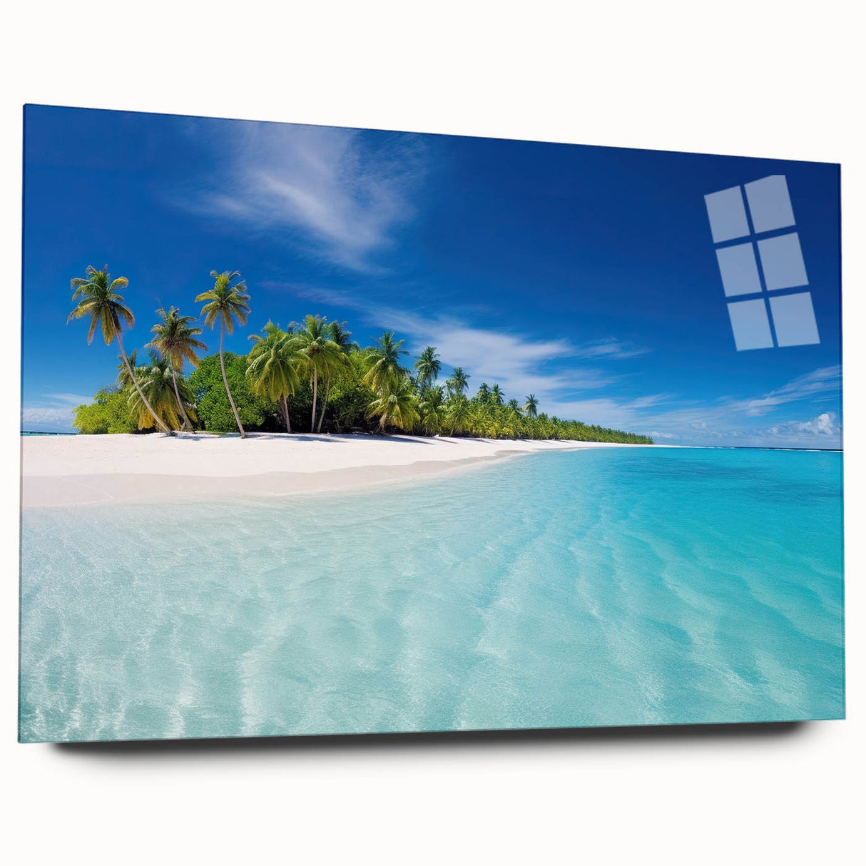 Large abstract wall art depicting the serene Maldives scenery in muted blue and green tones on acrylic glass.