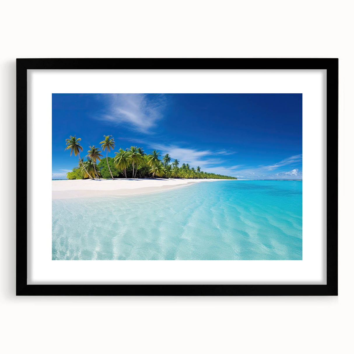 Extra large wall art featuring a colorful abstract print of the Maldives in vibrant blue and green tones on a black framed…