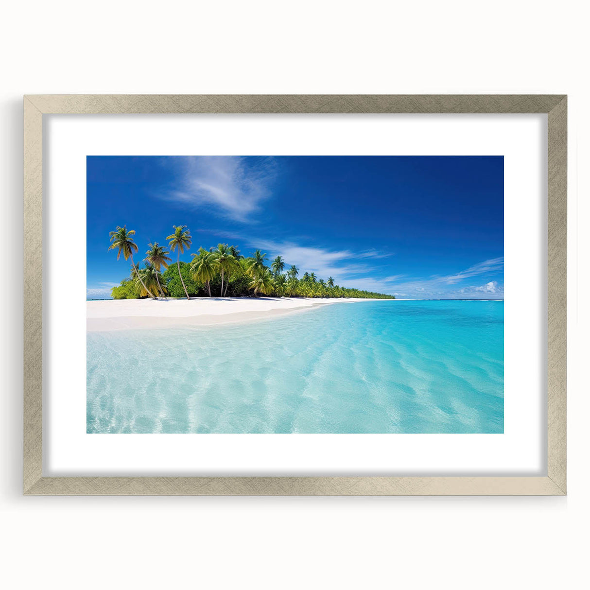 Textured art print of abstract Maldives scenery in muted blue and white tones on a framed canvas, suitable for bedroom decor.