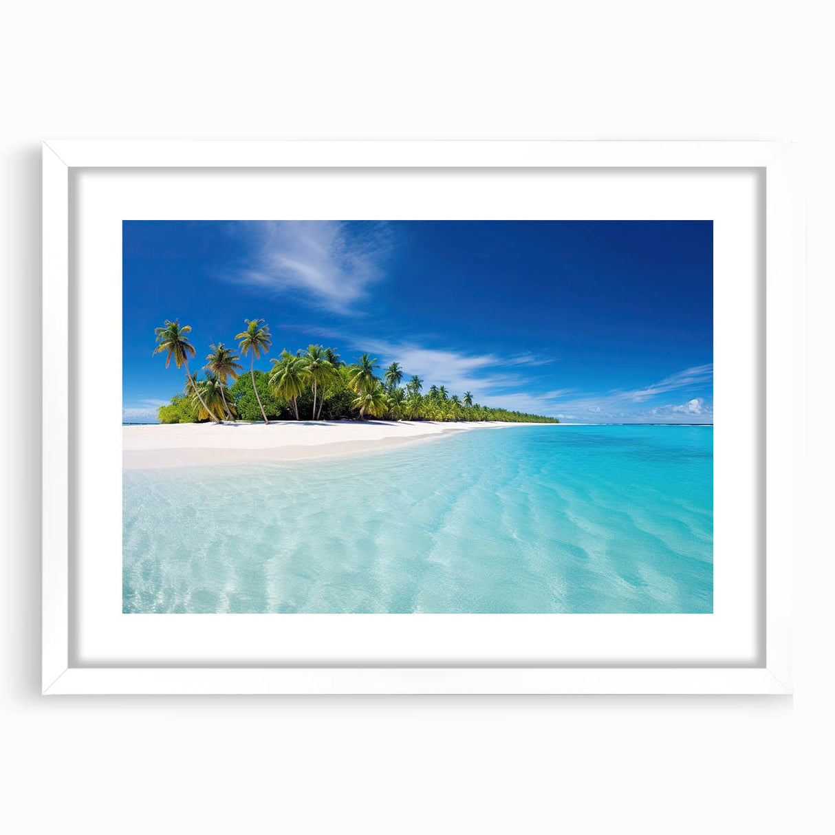 Abstract art print depicting serene Maldivian scenery in soft blue and white tones on a framed canvas.