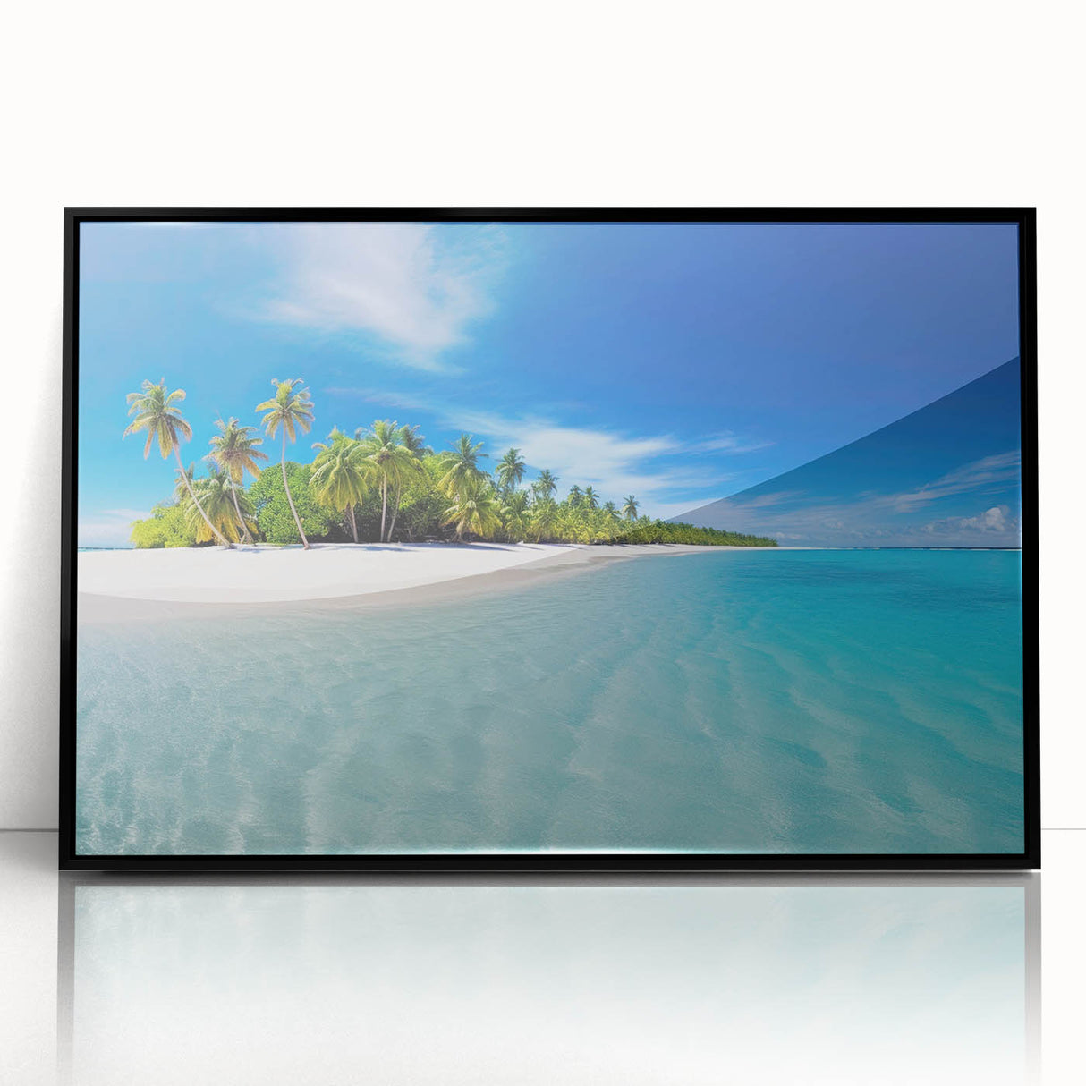 Large abstract wall art depicting a serene Maldivian seascape in muted blue and white tones, framed in black acrylic.