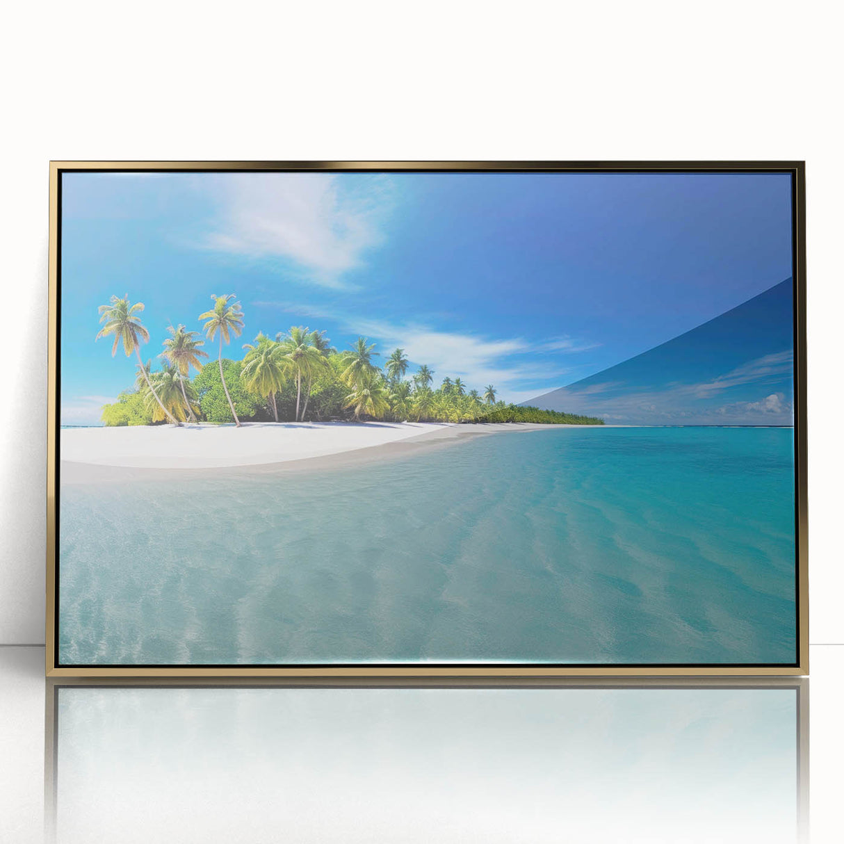 Large art print of a serene Maldivian beach scene on framed acrylic, with soft blue and white tones.