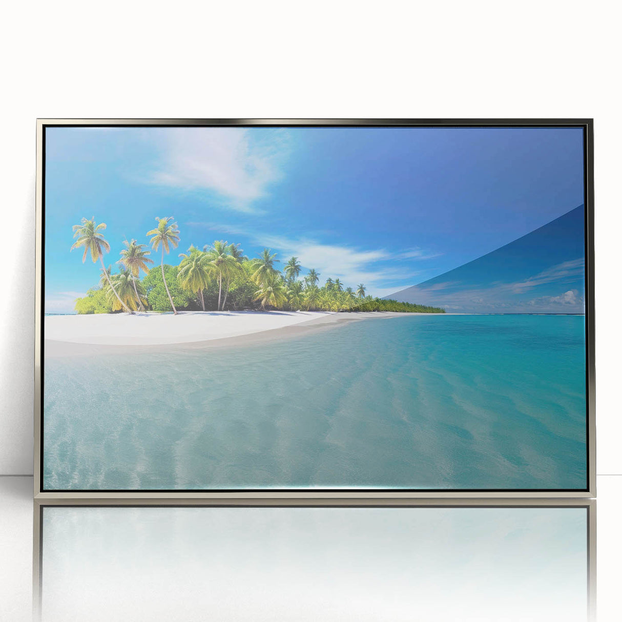 Mid-century modernist art depicting the Maldives scenery in muted blue and green tones on a framed acrylic print.
