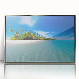 Mid-century modernist art depicting the Maldives scenery in muted blue and green tones on a framed acrylic print.