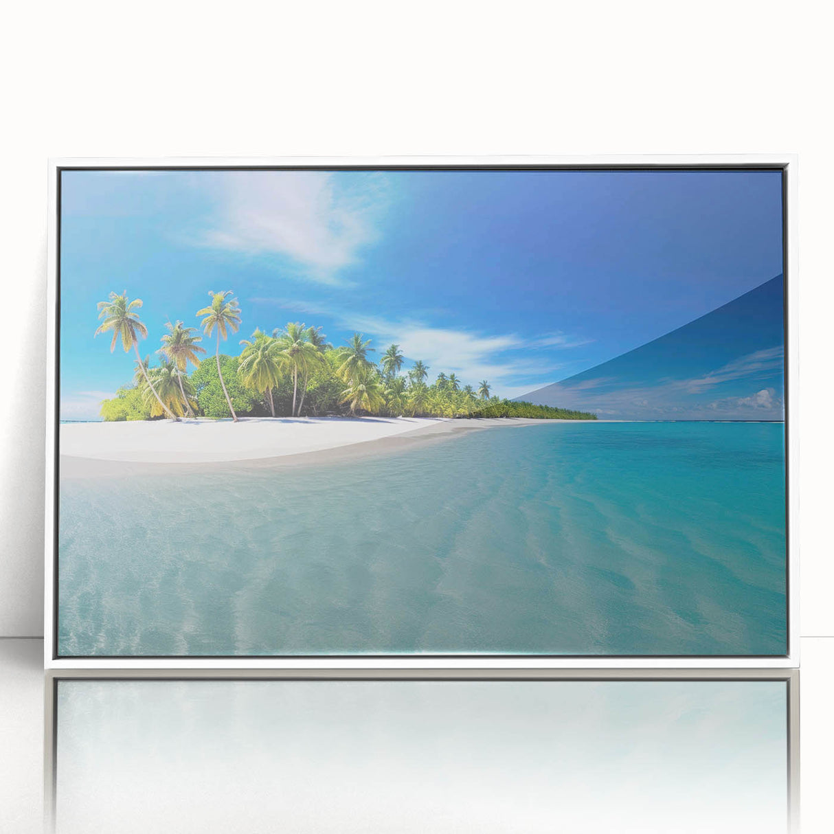 Acrylic print of a serene Maldives scenery in muted blue and white tones, framed in white, ideal for modern art wall decor.