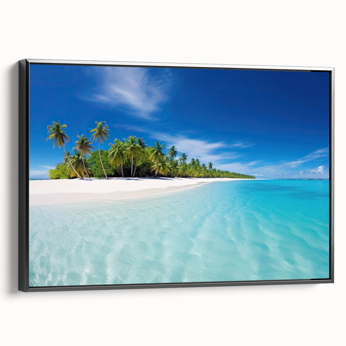 Black and white framed canvas featuring a serene Maldivian landscape, ideal for bedroom wall art.