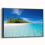 Black and white framed canvas featuring a serene Maldivian landscape, ideal for bedroom wall art.