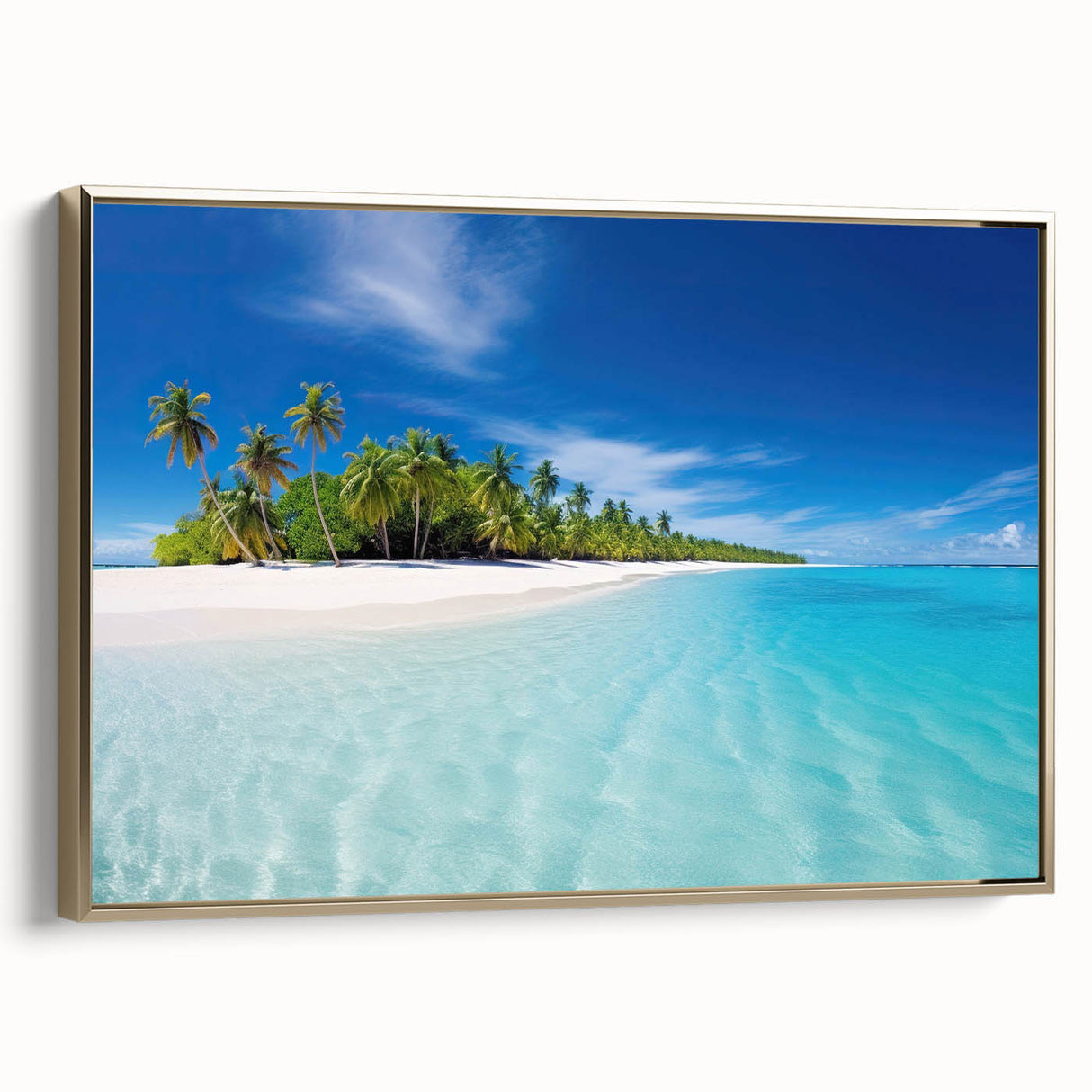 Framed canvas featuring a serene Maldives landscape in muted blue and green tones, ideal for bedroom wall art.