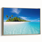 Framed canvas featuring a serene Maldives landscape in muted blue and green tones, ideal for bedroom wall art.