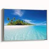 Landscape art painting of a Maldivian beach on a framed canvas, featuring vibrant blue and green tones.