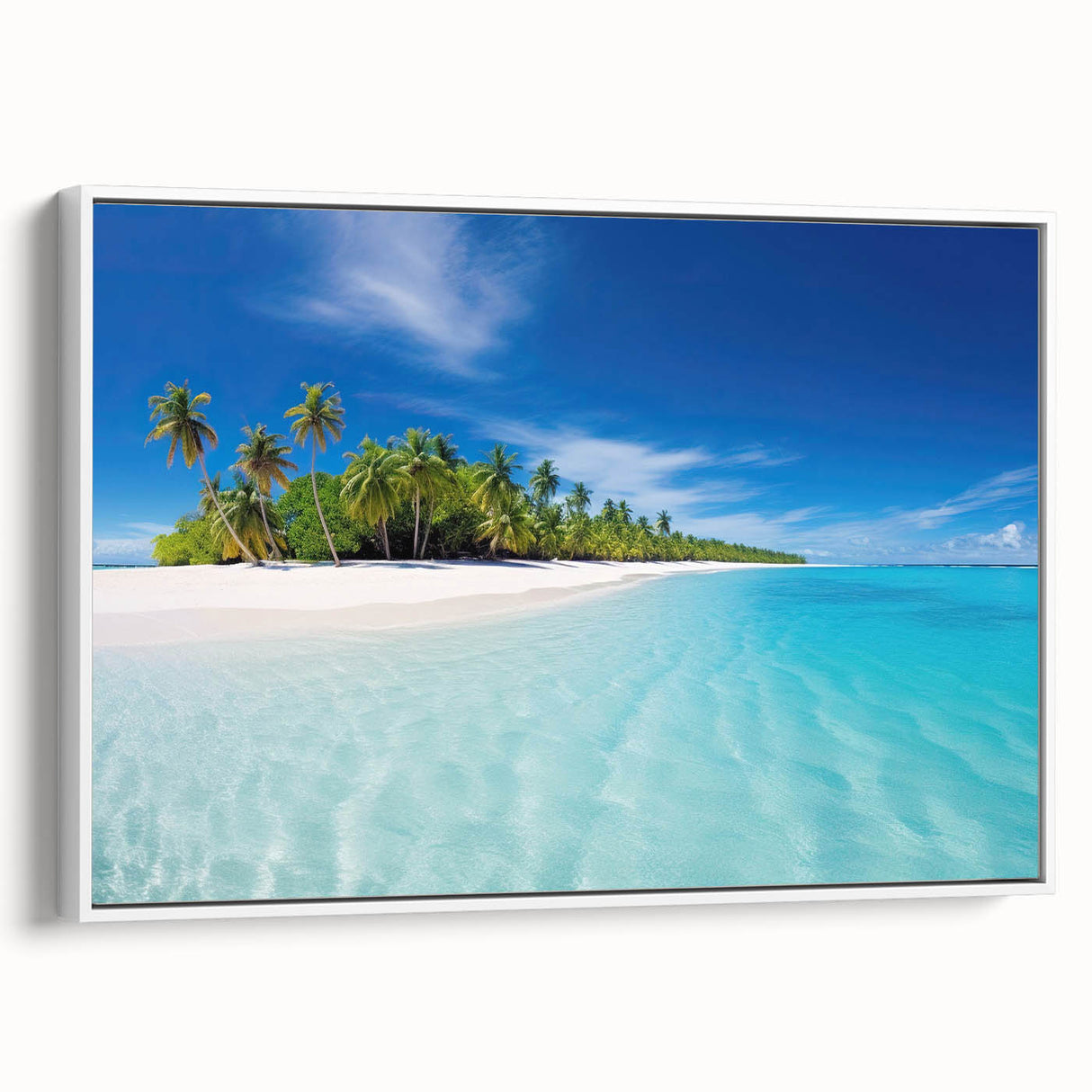 Vintage poster art of a Maldivian scenery on a framed canvas, featuring vibrant ocean blues and tropical greens.