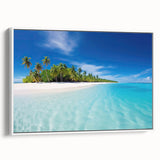 Vintage poster art of a Maldivian scenery on a framed canvas, featuring vibrant ocean blues and tropical greens.