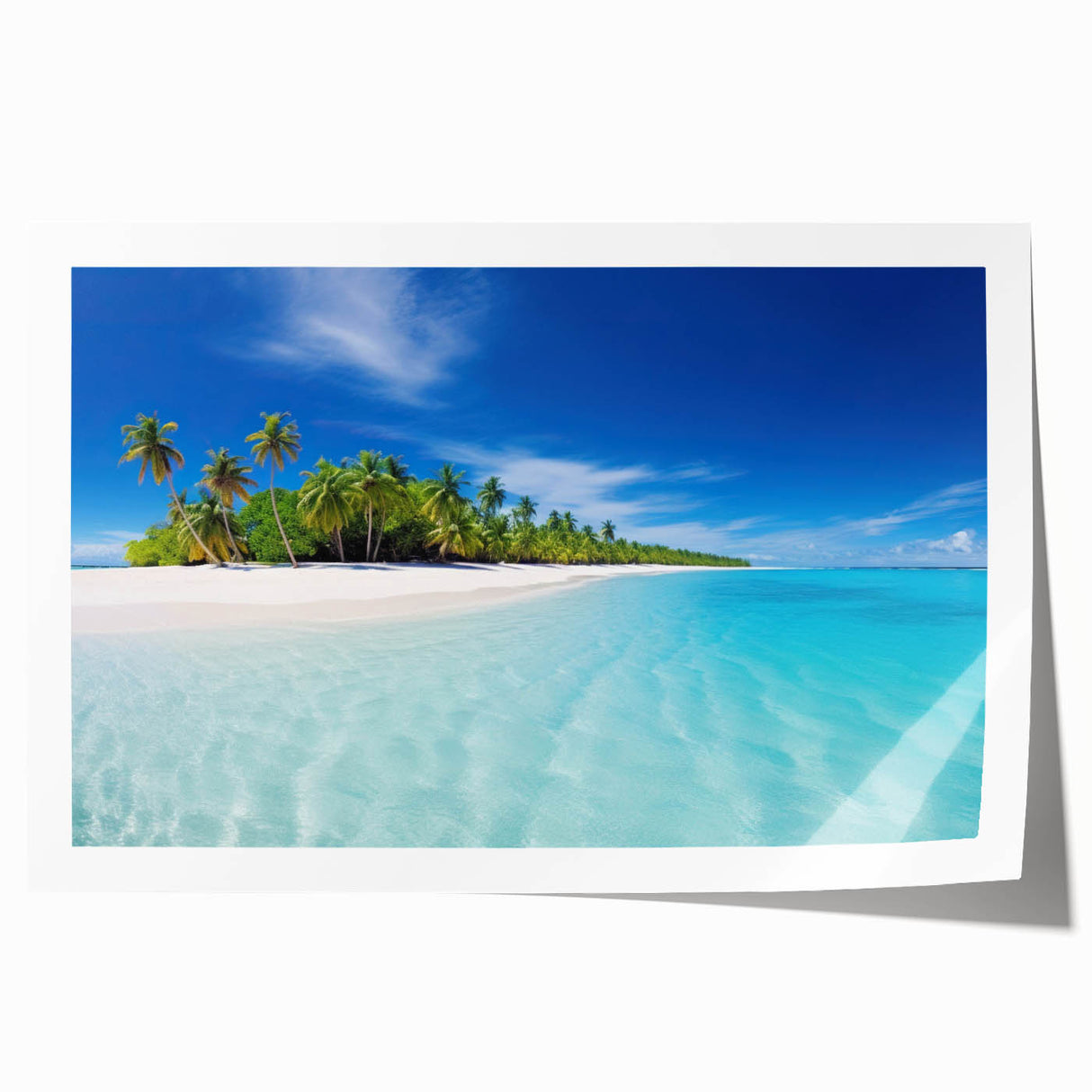 Extra large rolled print of a serene Maldives beach scene in pastel blue and green tones, perfect for dining room wall art.