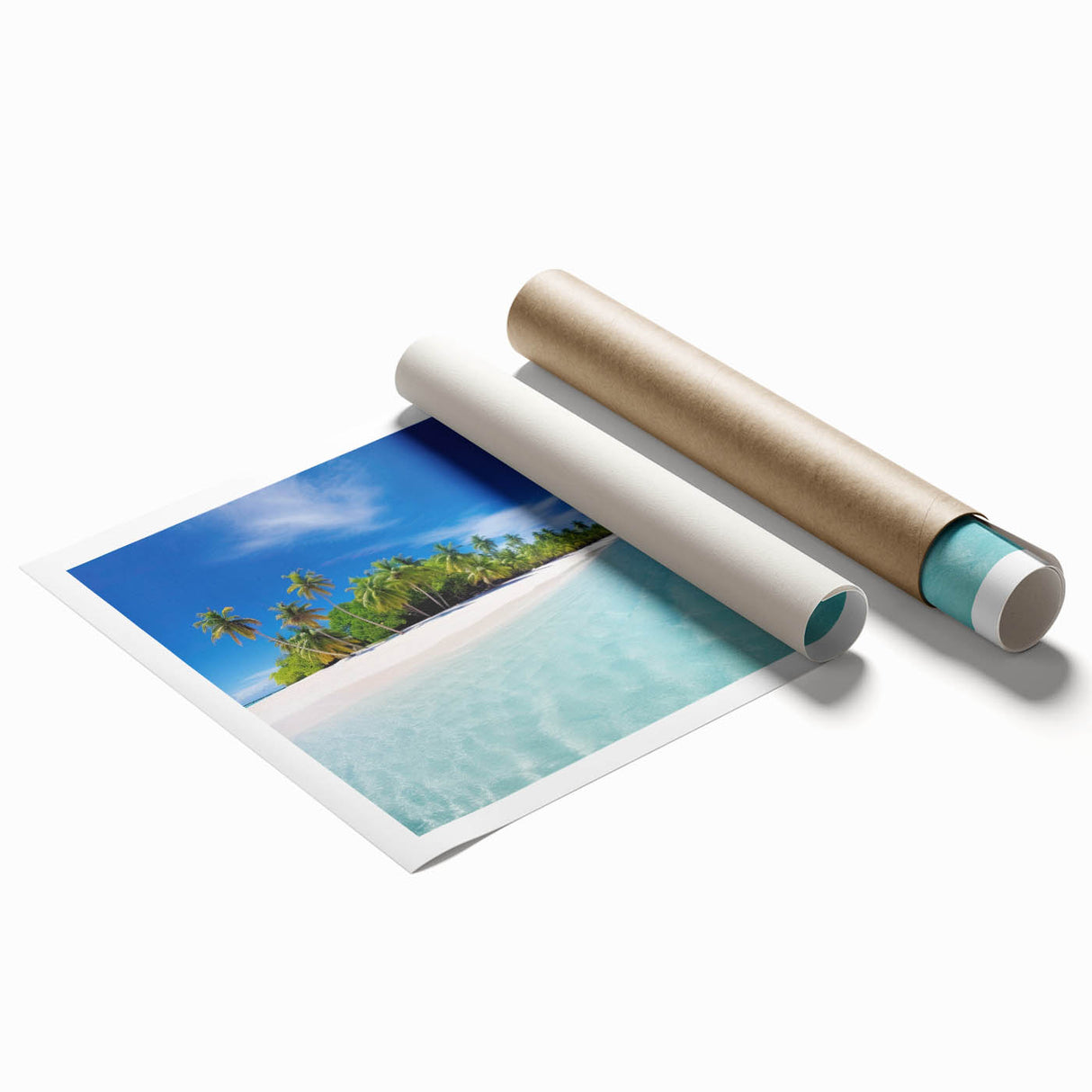 Extra large rolled print of a serene Maldivian beach with soft pastel hues, ideal for classy bathroom wall art.