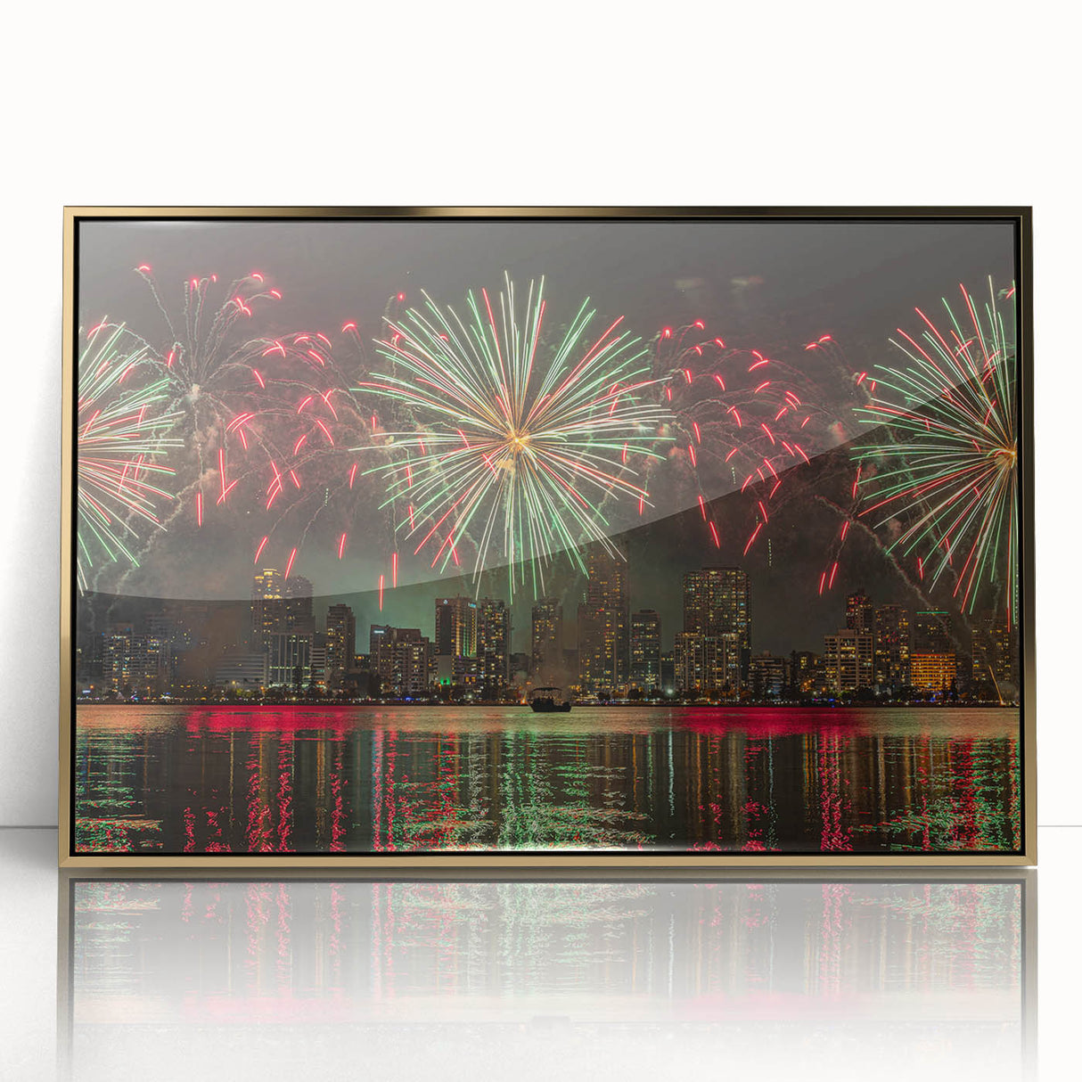 Mid-century modernist art of Perth skyline in gold and blue tones, acrylic print framed, suitable for modern art wall decor.