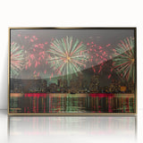 Mid-century modernist art of Perth skyline in gold and blue tones, acrylic print framed, suitable for modern art wall decor.