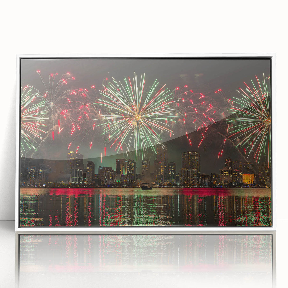 Framed acrylic print of Perth skyline in muted colors, ideal for modern art wall decor.