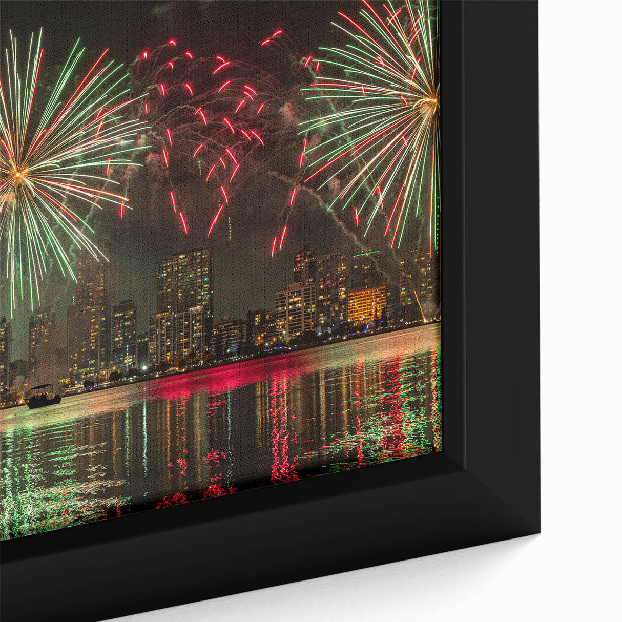 Extra large framed canvas of a textured Perth, Australia skyline in black with colorful accents, ideal for living room decor.