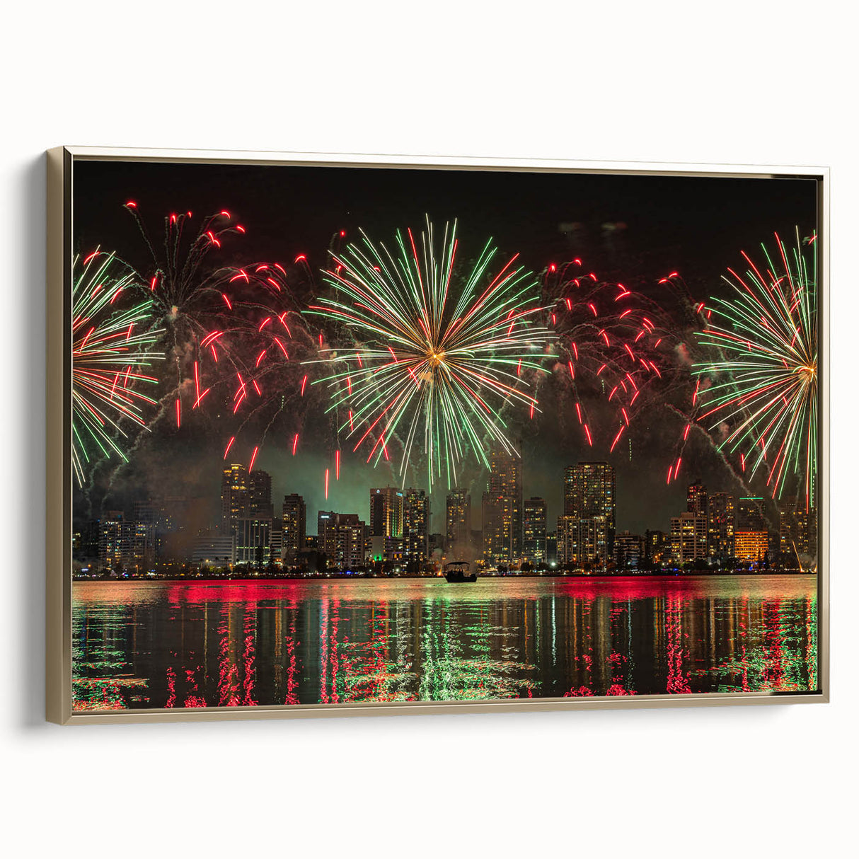 Framed canvas of a vintage-style Perth landscape painting with colorful art on a black background.