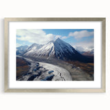 Textured art print of an abstract Canadian Yukon landscape in muted earth tones, framed in silver.