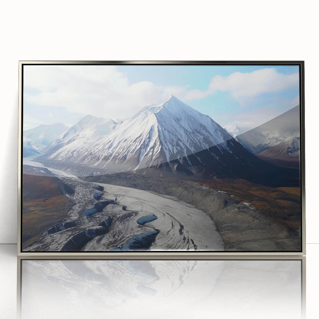 Framed acrylic print of a serene Yukon landscape in muted earth tones, ideal for modern art wall decor.