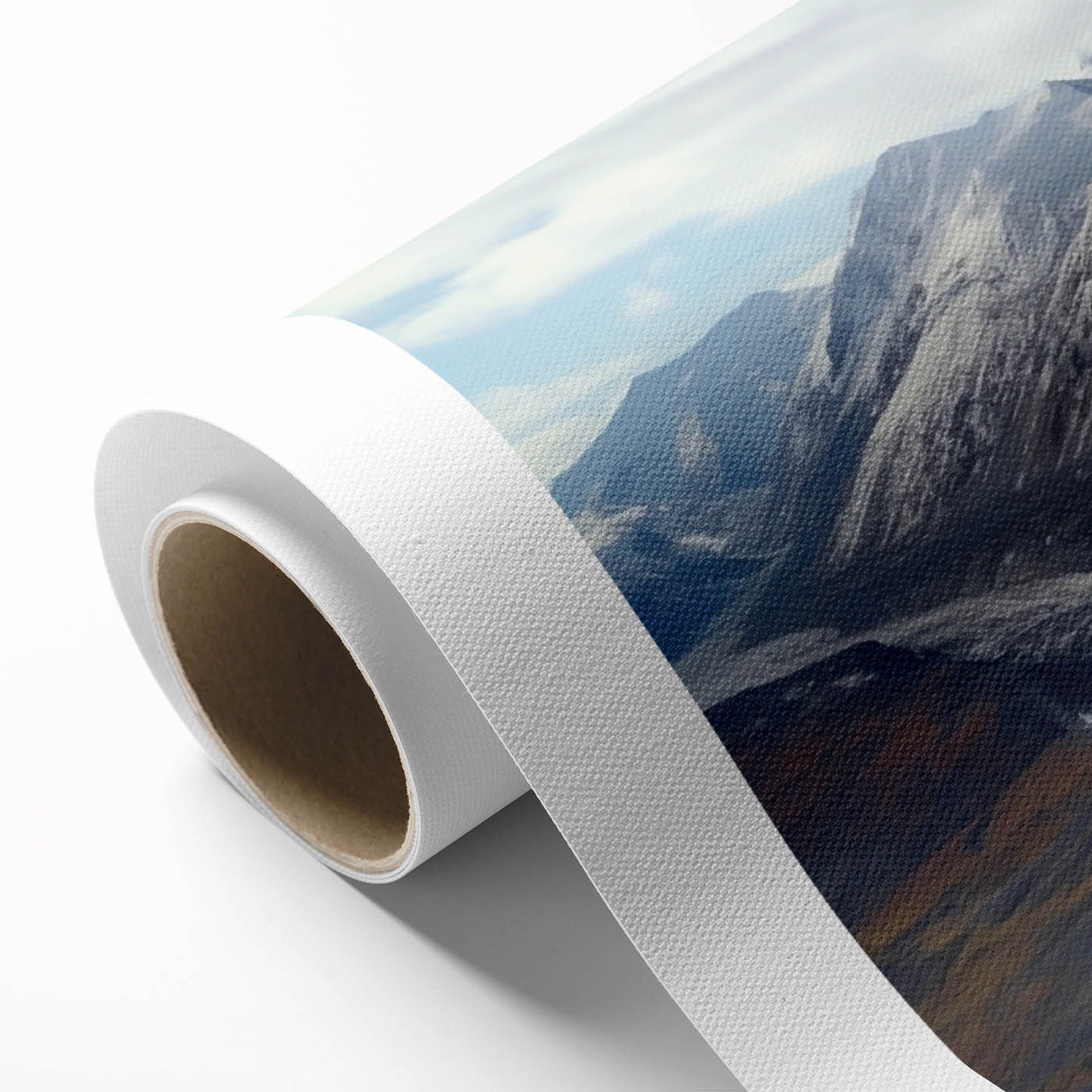 Art deco poster of Yukon scenery in muted green and blue tones on rolled canvas.