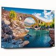 Large abstract wall art of a European scenery on acrylic glass, in muted earth tones, ideal for bedroom or dining room decor.