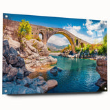 Large abstract wall art of a European scenery on acrylic glass, in muted earth tones, ideal for bedroom or dining room decor.