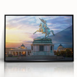 Large abstract wall art featuring a mid-century modernist European scenery in muted earth tones on framed acrylic.