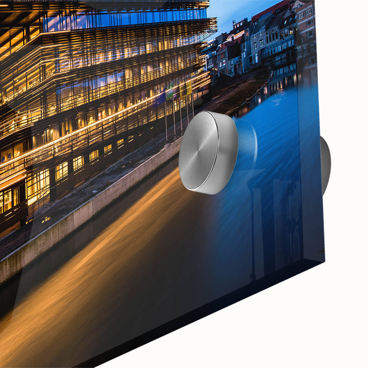 Large abstract wall art depicting a European scenery in mid-century modernist style on acrylic glass.