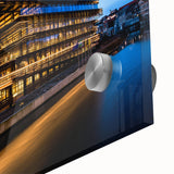 Large abstract wall art depicting a European scenery in mid-century modernist style on acrylic glass.