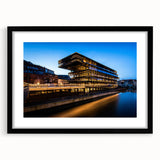 Extra large colorful abstract art print of a European scenery, textured on a black framed mat, ideal for living room decor.